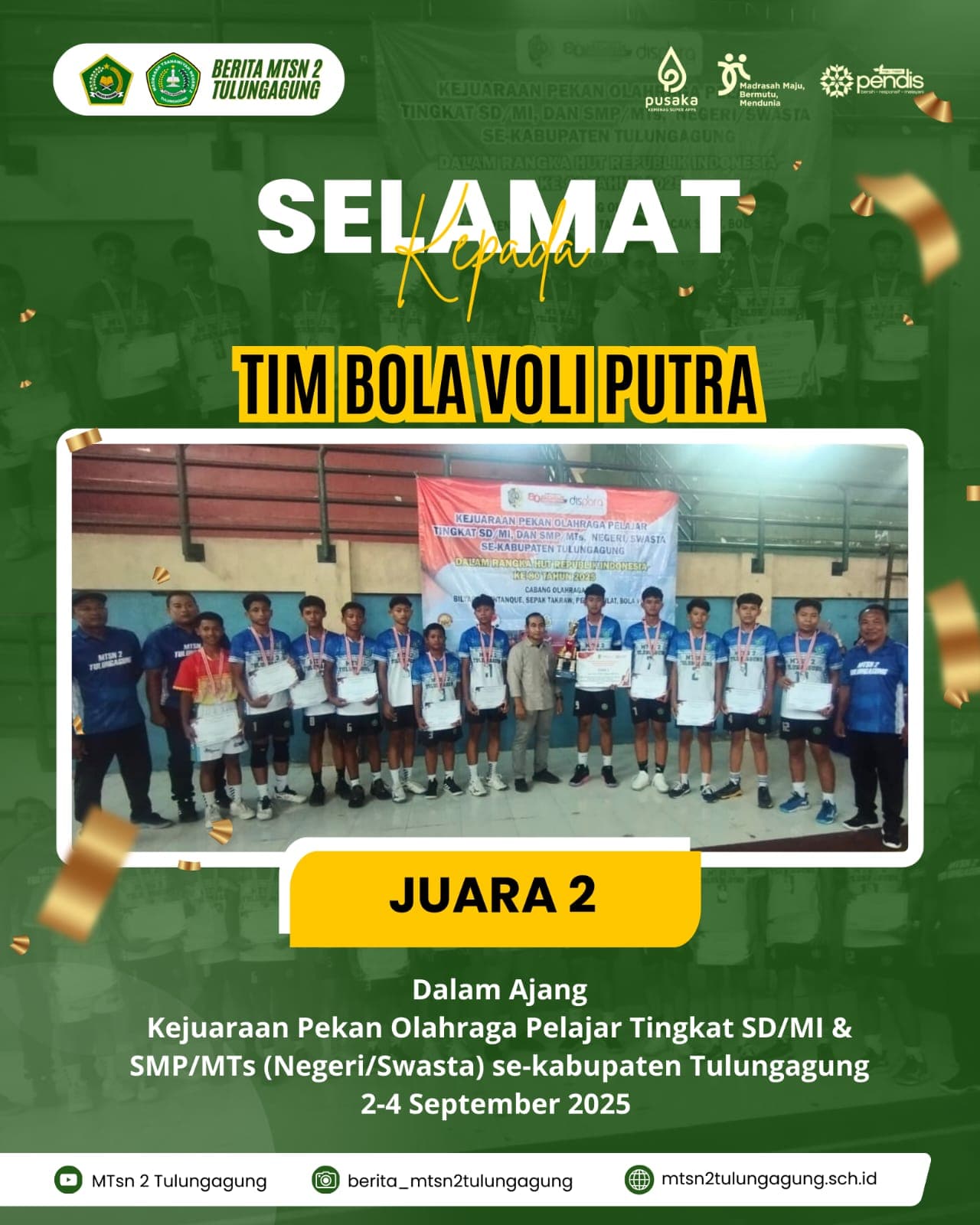 Tim Bola Voli Putra MTsN 2 Tulungagung Raih Juara 2 di Ajang POP Pelajar 2025