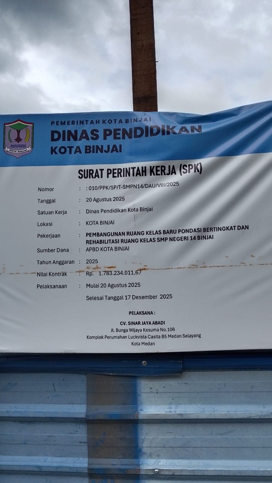 Telan Anggaran Rp1,8 Miliar, Renovasi Ruang Kelas SMPN 14 Binjai Dinilai Lamban