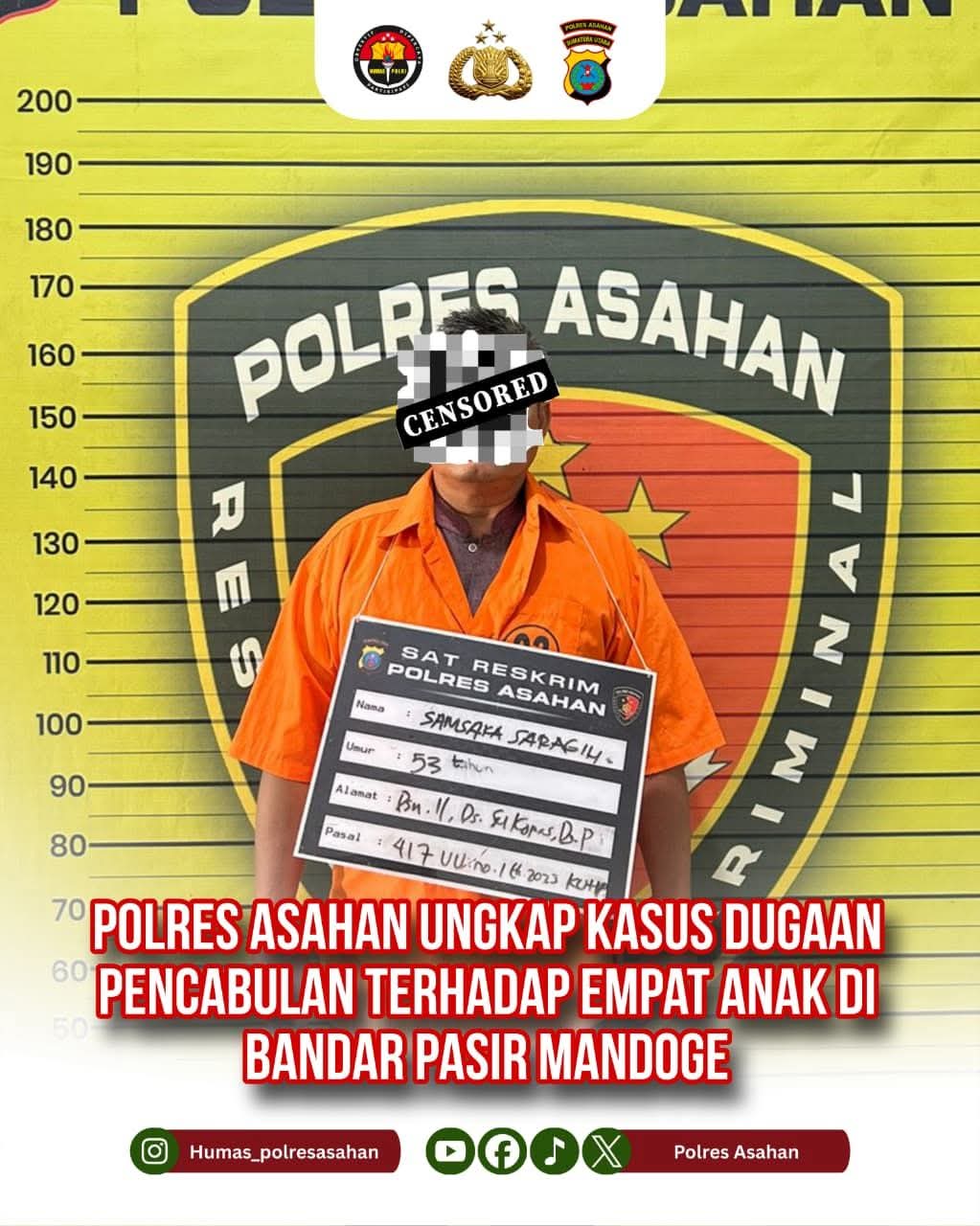Polres Asahan Ungkap Kasus Dugaan Pencabulan terhadap Empat Anak di Bandar Pasir Mandoge