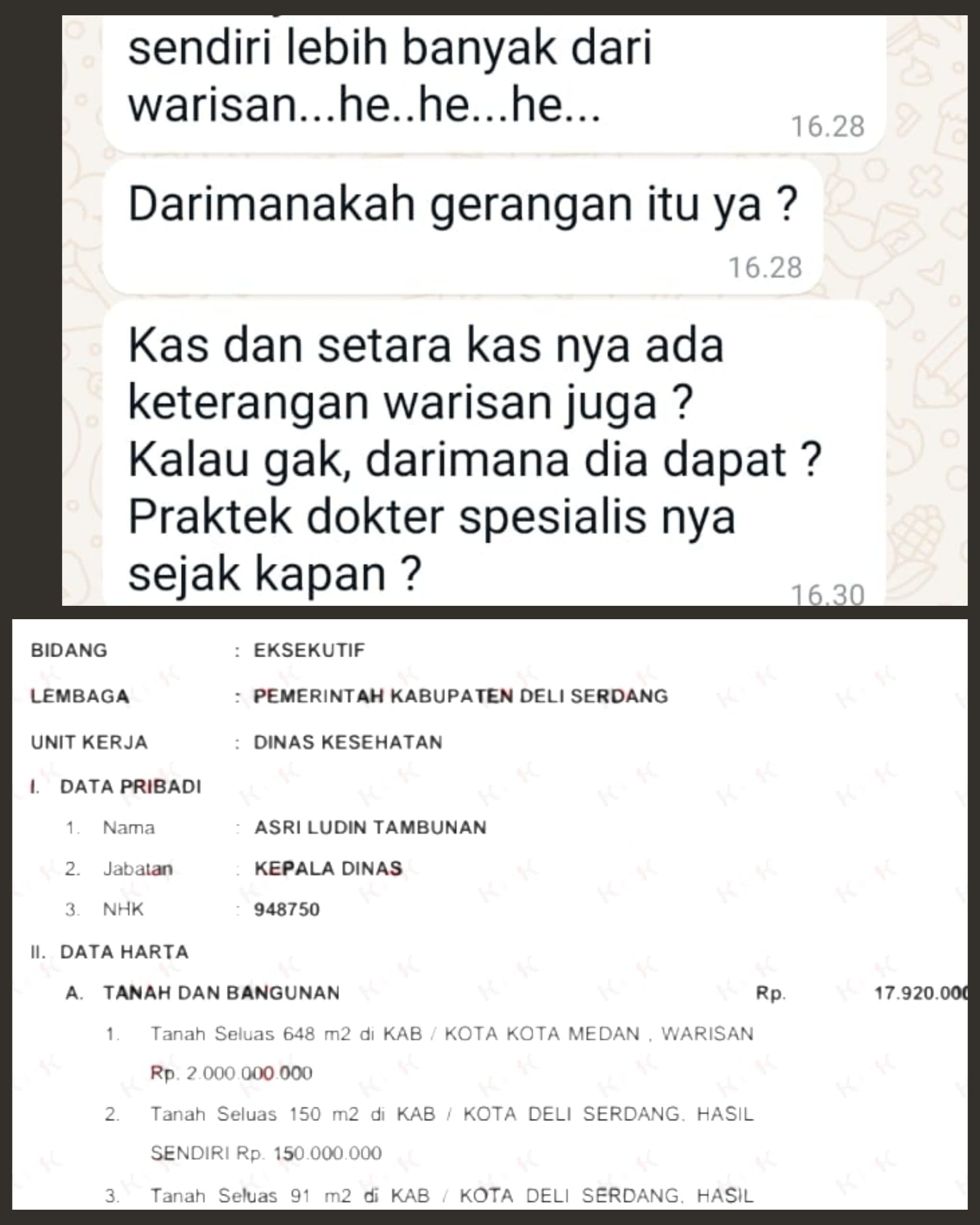 Mantan kadis kesehatan Deli Serdang dan Calon Bupati Miliki Harta Fantastic