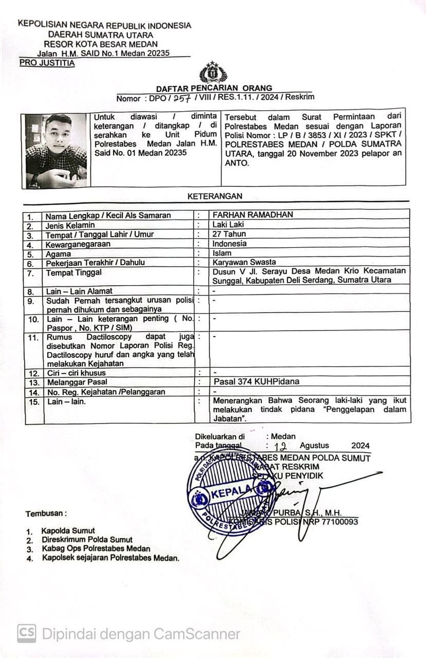 1 Tahun DPO, Terduga Pelaku Penggelapan Uang Perusahaan PT.MAS Belum Tertangkap