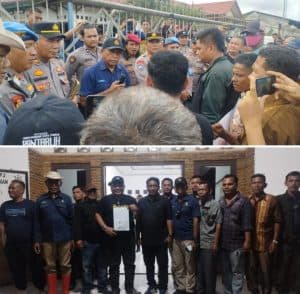 Ratusan Masyarakat Kelompok Tani Koperasi Dewan Negeri Luat Huristak Blokir Kantor PT Agrinas Palma Nusantara