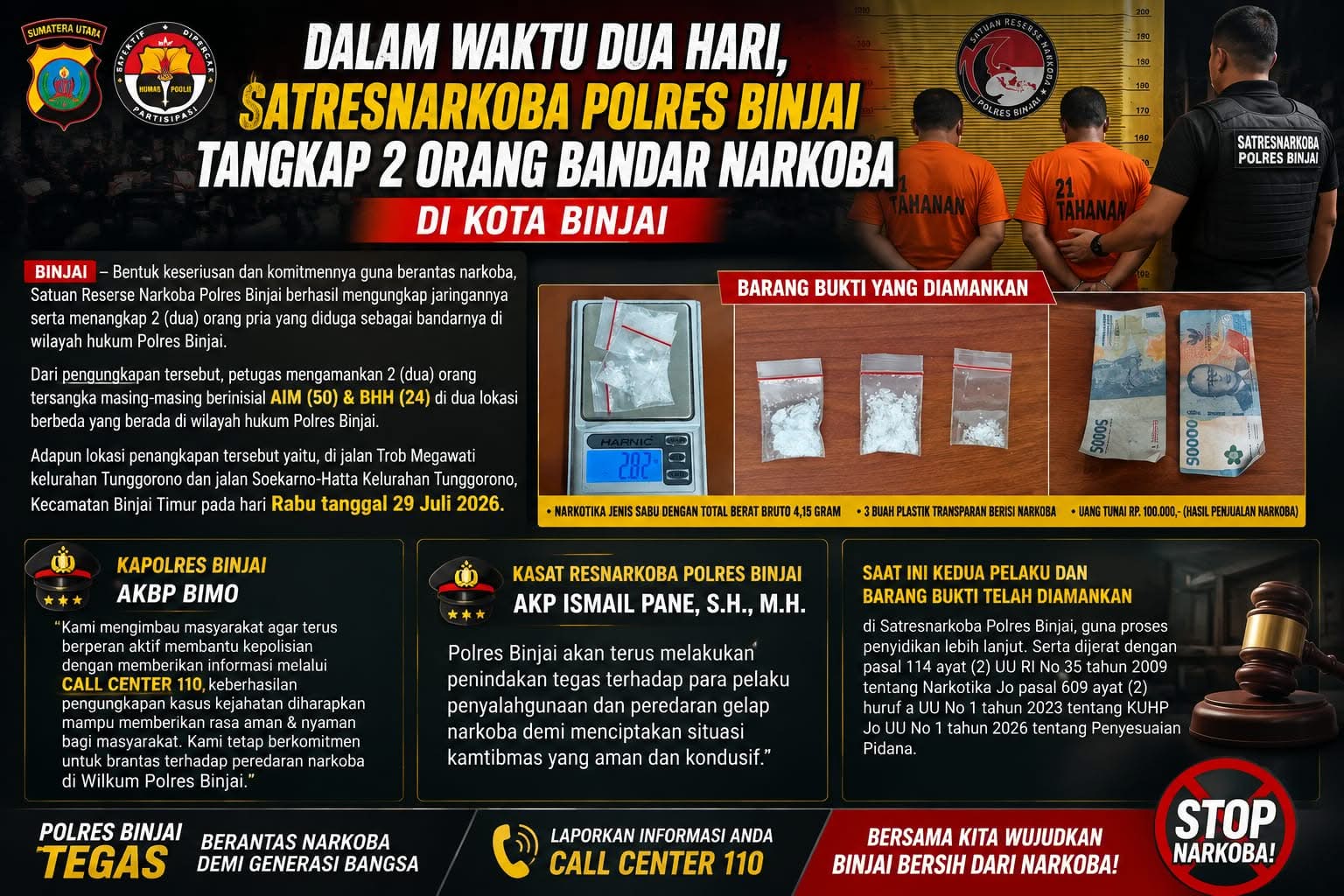 Dalam Waktu Dua Hari, Satresnarkoba Polres Binjai Tangkap 2 Bandar Narkoba di Kota Binjai